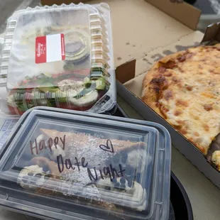 Quarto formaggio pizza, California caprese salad and cannolis with a beautiful note.