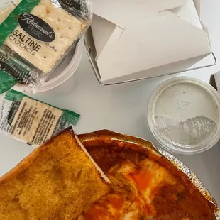 Soup, crackers, salad and blue cheese dressing.
