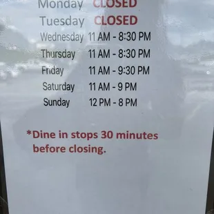 Current hours.  Closed 2 days due to staffing shortages.