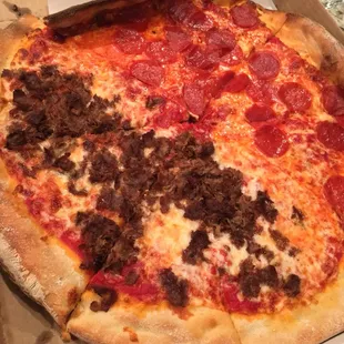 Large pie: half cheesesteak, half pepperoni