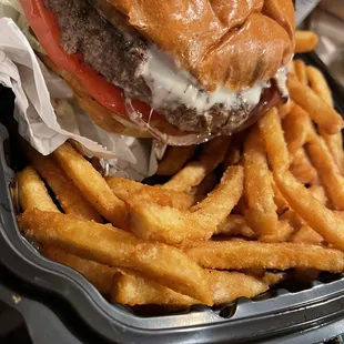Bacon Cheeseburger with French Fries, Jumbo Buffalo Wings