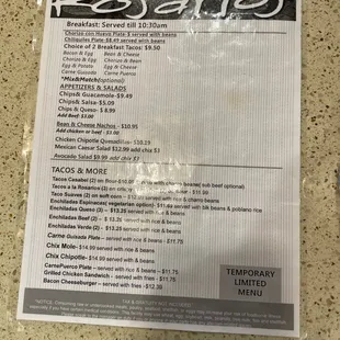 Limited menu