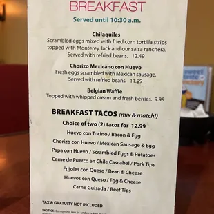 Breakfast menu