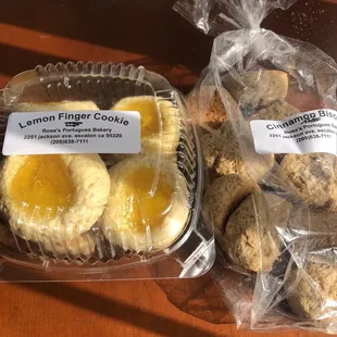 Lemon finger cookie (8) left.  Cinnamon Biscotti (8) right.