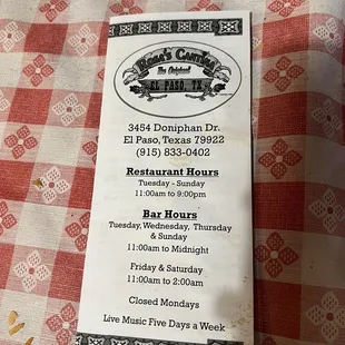 Front of menu