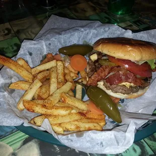 Bacon Double Cheese Burger with Fries.