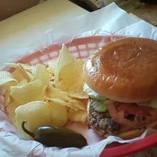 Our Burgers are served with Chips and a Jalapeno.