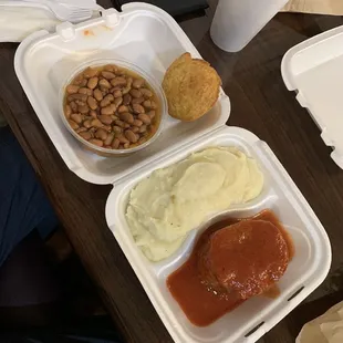 Meatloaf, mash potatoes, and pinto beans