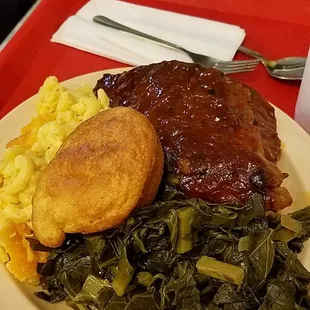 Ribs, greens, Mac and cornbread