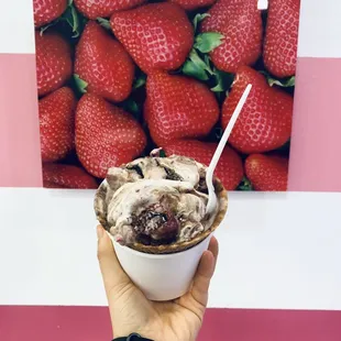 The Good One . Vanilla ice cream with walnuts, brownies, strawberries, and fudge!