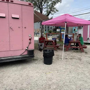 Eating area with picnic style tables