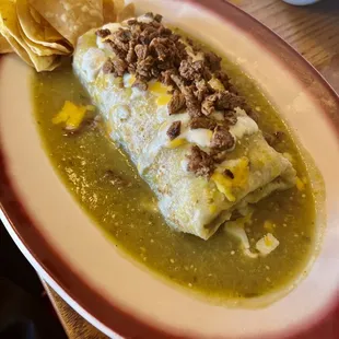 Carne Asada Burrito Wet in Green Sauce