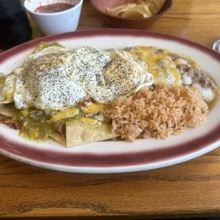 Green chilaquiles with egg and chorizo