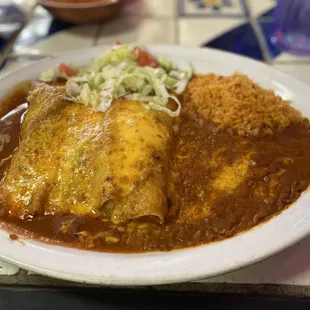 Enchilada plate- chicken, chili con carne, green chili beef ($16.75)