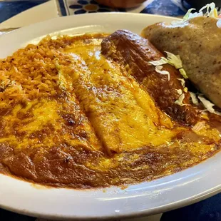 Enchiladas, Beef Tamale and Shredded Beef Taco