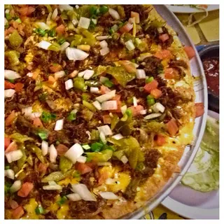 The Works Cheese, Green Chile, Carne Reea Tomato & Onion