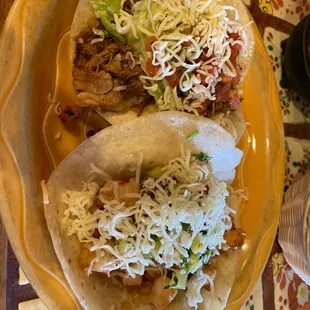 Shrimp Taco and Carnitas taco on flour tortillas (by request). Huge!