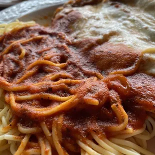 Eggplant Parmigiana with a side of $1 Spaghetti