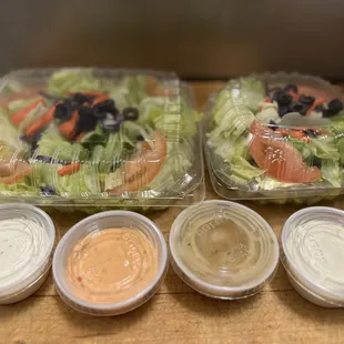 Garden salad in Small and large with the choice of Ranch, Italian, Thousand Island, and Blue cheese.