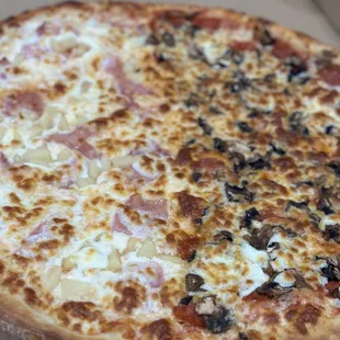 Half and half Hawaiian and pep mushroom