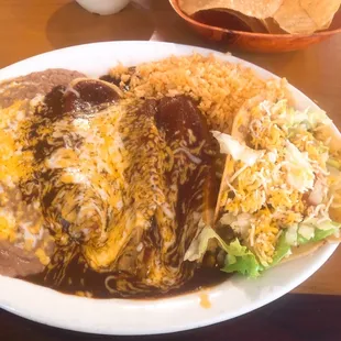 Cheese enchilada, Pork tamale, Beef taco, Rice&amp;beans