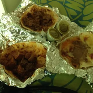 Carne guisada, bean and cheese, and lengua guisada