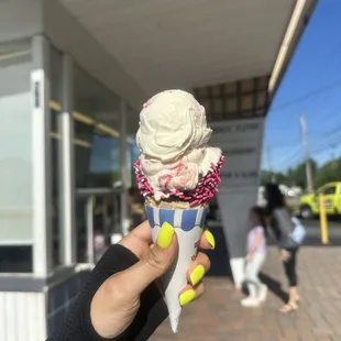 Strawberry custard w deluxe cone