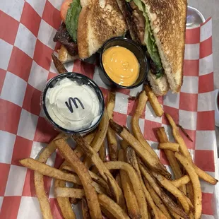 BLT and fries, with spicy mayo on the side