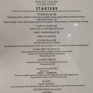Appetizer menu