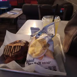 Indiana Swiss sandwich, Kettle Chips, Pickle, and Lemonade