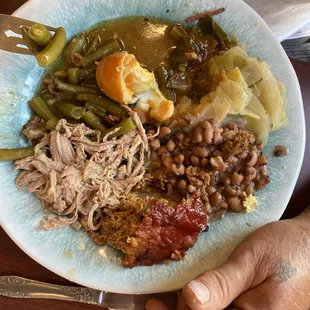 Black Eyed Peas meatloaf pulled pork green beans cabbage Call a greens in Cajun hard boiled egg