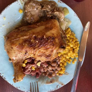 Cajun baked chicken Cajun pork medallions red beans cabbage black-eyed peas and corn