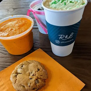 Their St. Patrick&apos;s Day Leprechaun Latte, Red Pepper Gouda Bisque, and a chocolate chip cookie.