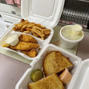 Rub Grilled Reuben Sandwich and Fresh Fried Lake Perch and  Bowl of Soup
