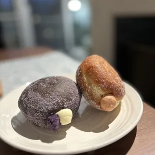 Ube coconut donut + guava cream cheese donut