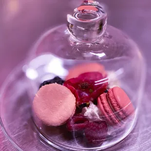 a glass clochet filled with macarons