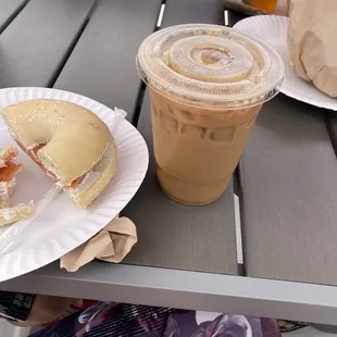 a sandwich and iced coffee