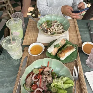 Spicy beef salad, Summer rolls, Rose chicken salad
