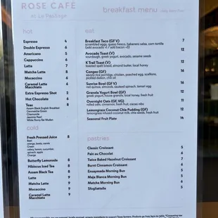 Breakfast menu