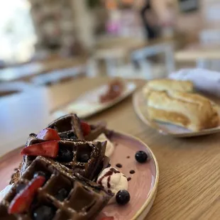 Ube Waffle paired with eggs and bacon!