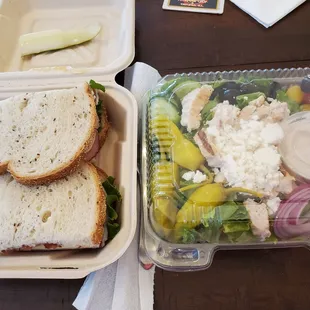 Deluxe on rye and Greek salad