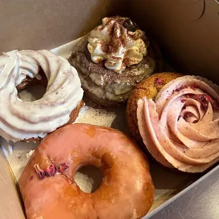 Maple sea salt cruller | Chocolate Espresso Cream Old Fashioned | Signature Rose Dough | Pomegranate Glazed Brioche