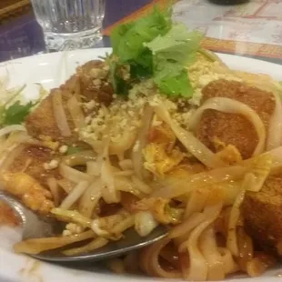 Pad Thai w/Tofu. breaded &amp; deep fried tofu- Not my preference, But was good. Rice noodles had a nice fleshy texture.