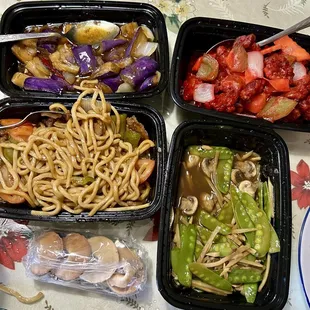 Garlic Eggplant, Sweet &amp; Sour Pork, Tomato Beef Chow Main, Mushroom Bamboo Shoot Snow Peas