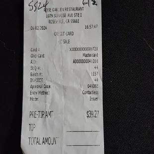 Charge receipt for $39.27