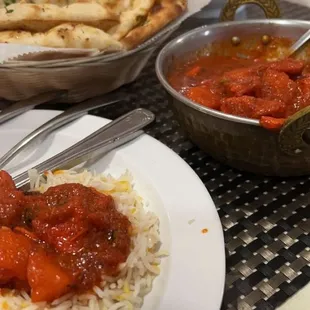 Chicken vindaloo, garlic naan, basmati rice.