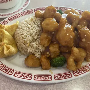 Honey Chicken, fried rice, and crab rangoons