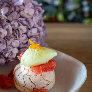 Best selling dessert, Pavlova and lime sorbet with grapefruit. A very tasty summer treat indeed.