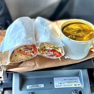 Veggie soup and chicken sandwich