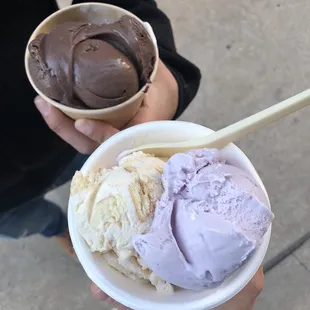 Chocolate and Vanilla in one cup, Lavender Honey and Banana Pudding in the other cup